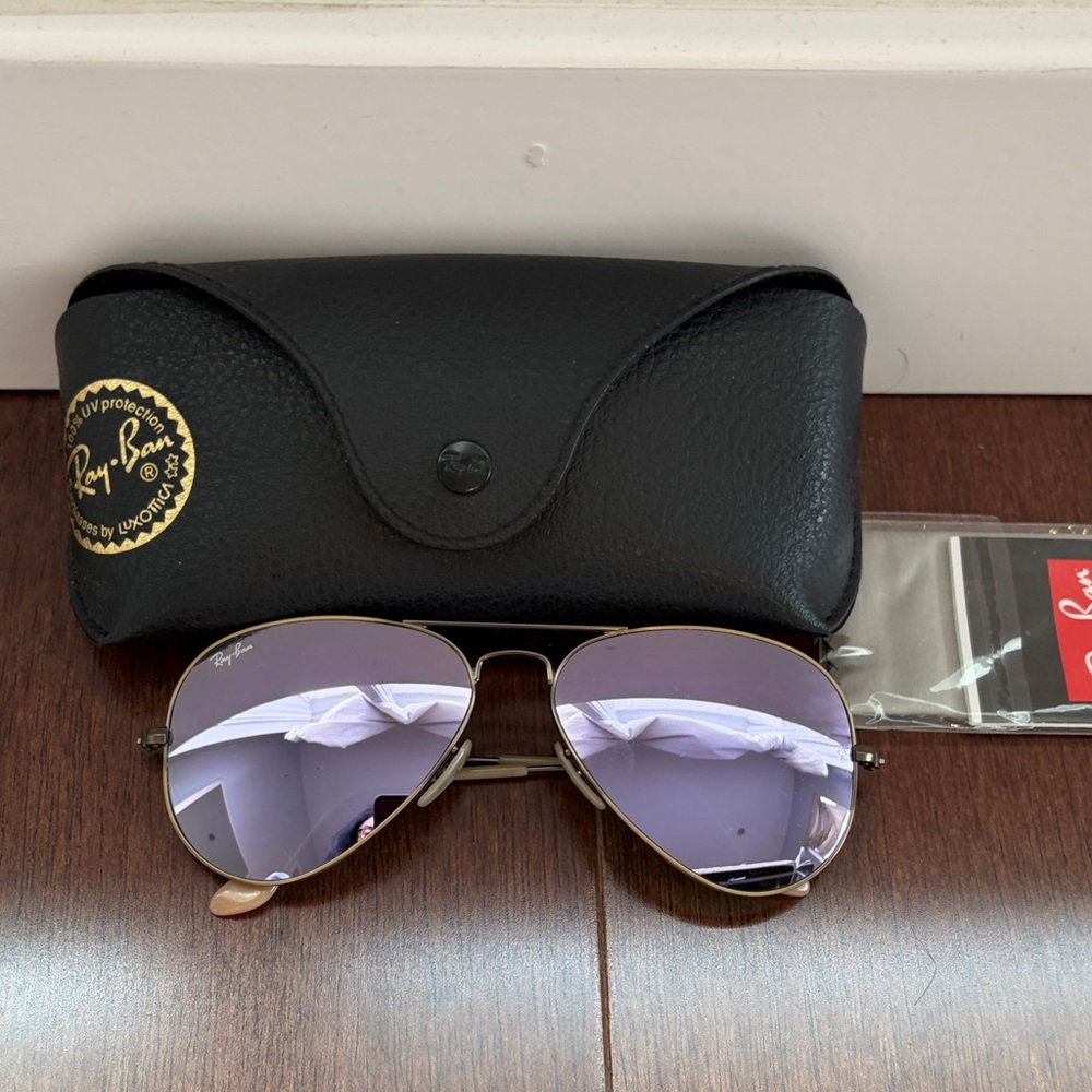 Authentic Ray-Ban Women's Aviator Sunglasses with lavender mirror lenses